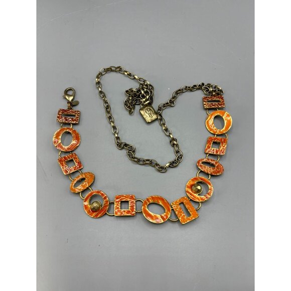 CHICOS~GOLD GEOMETRIC Hammered Enameled ORANGE CHAIN BELT Adjustable - Picture 2 of 4